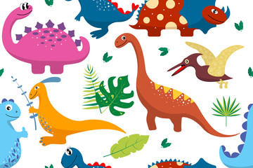 Different cartoon dinosaurs and tropical plants on white background. Seamless pattern. Bright multicolored print for textiles, baby clothes, clothes, decor
