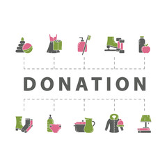 Categories of stuffs to give: food, clothes, baby toys, shoes. Horizontal donation poster. Charity banner with outline icons and text. Color illustration. Cutout silhouette isolated vector elements