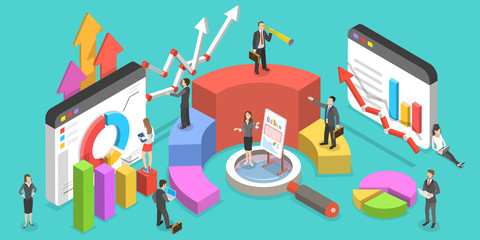 Isometric Vector Concept of Business Environment. People are Interacting With Graphs, Charts and Other Statistical Data. Big Data Analysis.