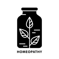Cutout silhouette Homeopath logo. Outline bottle with plant inside icon. Black simple illustration. Flat isolated vector image on white background. Sprout with leaves as symbol of herbal medicine