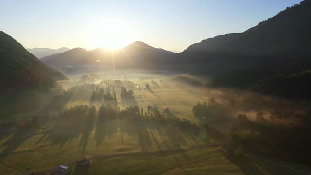 Sunrise with ground fog, Jachenau, Bavaria, Germany