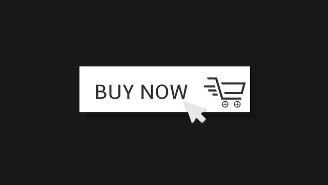 Buy now button icon. White Button with buy now text, shopping cart and white click arrow, 4K animation footage video clip