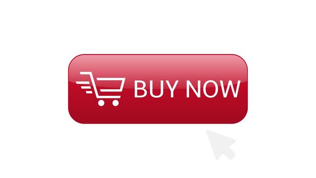 Buy now button icon. Red Button with buy now text, shopping cart and white click arrow, 4K animation footage clip