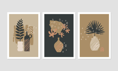 Set of 3 modern aesthetic posters for home decor, invitation, greeting card designs. Abstract vector illustrations with hand drawn design elements, plants, geometric shapes and textures.