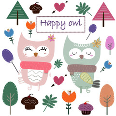 Cute owl cartoon element set