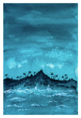Marine landscape with lonely island and palms in azure color. Watercolor illustration.