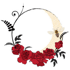vector frame with roses, honeycomb and bee in red, gold and black colors