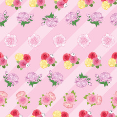 Seamless pattern with roses and peonys on pink diagonal stripes