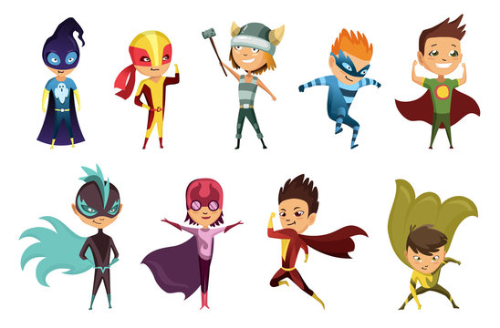 Cute superhero kids in colorful costumes. Kids Dressed as Superheroes. Funny Flat Isolated Vector Design Icons Set On White Background. Set of kids wearing superhero costumes with different pose