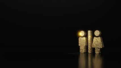 science glitter gold glitter symbol of restroom 3D rendering on dark black background with blurred reflection with sparkles