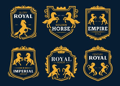 Heraldic horses and Pegasus vector icons for business company and company identity signs. Golden horse heraldry symbols in imperial ornate shield frames, rearing horses and castle crests