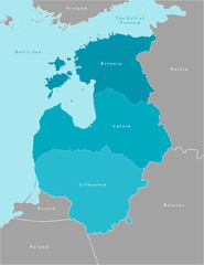 Vector isolated illustration. sSmplified political map of Baltic states (Estonia, Latvia, Lithuania) in blue colors and nearest countries in grey. Borders of states. White outline and background - obrazy, fototapety, plakaty