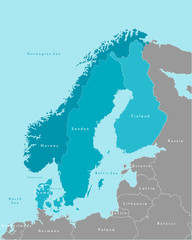 Vector isolated illustration. Simplified political map of scandinavian and northern europe countries in blue colors (Sweden, Finland, Norway, Denmark) and nearest areas in grey. Borders of the states.