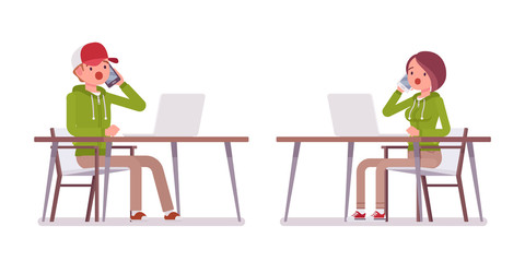 Young man, woman sitting at desk working with laptop, phone talking, wearing hoodie jacket. Cute smart people in casual hoody, youth fashion hooded sweatshirt. Vector flat style cartoon illustration