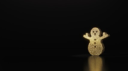 science glitter gold glitter symbol of snowman 3D rendering on dark black background with blurred reflection with sparkles