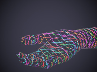 Palm woven from multicolored glowing digital threads. Concept of online support: assistance or inviting gesture. Information technology or artificial intelligence background. Vector illustration. - 323683140