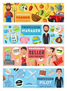 Professions of pilot or aircraft captain, seller or cashier, finance advisor or manager and farmer or gardener vector banners. Business, transportation, agriculture and retail occupations design