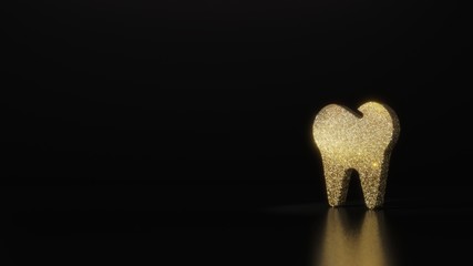 science glitter gold glitter symbol of tooth 3D rendering on dark black background with blurred reflection with sparkles