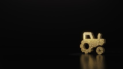 science glitter gold glitter symbol of tractor 3D rendering on dark black background with blurred reflection with sparkles