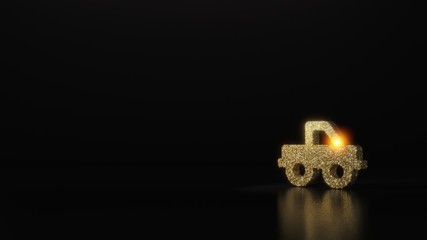 science glitter gold glitter symbol of truck pickup 3D rendering on dark black background with blurred reflection with sparkles