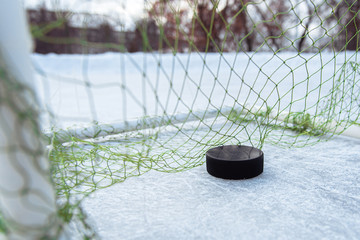 goal scored by a hockey puck in the goal net