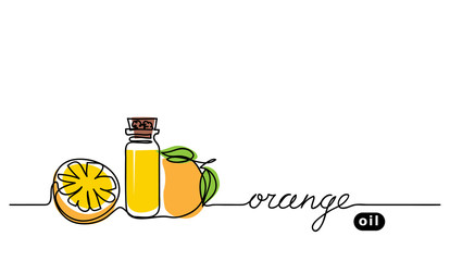 Orange, citrus oil in bottle. Simple vector banner. One continuous line drawing, background, illustration with lettering orange.