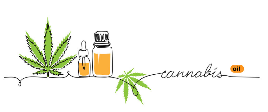 Cannabis oil minimalist vector web banner.  Marihuana, hemp, weed, banner, background.  One continuous line drawing, background, illustration with lettering cannabis.