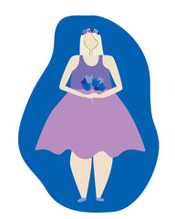 An albino or European blonde young woman or girl with a wreath of flowers on her head, a flat vector stock illustration as a concept of love for nature and femininity