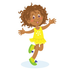 Cheerful afro american little girl jumping on one leg. In cartoon style. Isolated on white background. Vector illustration.