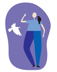 An albino or European blonde young man or boy and a cute white and black crow, a flat vector stock illustration as a concept of love of nature and tolerance
