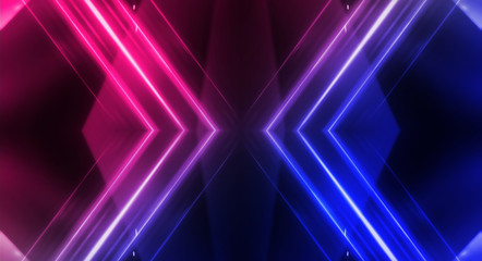 Plakat Background of empty stage show. Neon blue and purple light and laser show. Laser futuristic shapes on a dark background. Abstract dark background with neon glow
