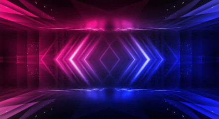 Background of empty stage show. Neon blue and purple light and laser show. Laser futuristic shapes on a dark background. Abstract dark background with neon glow