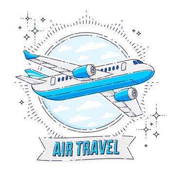 Airlines air travel emblem or illustration with plane airliner, round shape and ribbon with typing. Beautiful thin line vector isolated over white background.