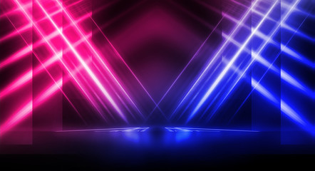 Background of empty stage show. Neon blue and purple light and laser show. Laser futuristic shapes on a dark background. Abstract dark background with neon glow