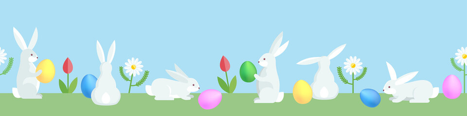 Easter egg hunt scene with rabbits, eggs and flowers. - 323686125