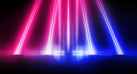 Background of empty stage show. Neon blue and purple light and laser show. Laser futuristic shapes on a dark background. Abstract dark background with neon glow - obrazy, fototapety, plakaty