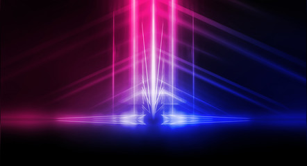 Background of empty stage show. Neon blue and purple light and laser show. Laser futuristic shapes...