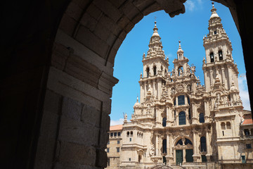 Fototapeta premium Praza do Obradoiro or Obradeiro square in Santiago de Compostela, Spain. Famous Camino de Santiago World Heritage pilgrims' way of Camiño de Santiago final target.
