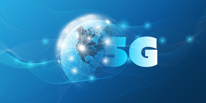 5G Network Label with Earth Globe and World Map Backround- High Speed, Broadband Mobile Telecommunication and Wireless Internet Design Concept