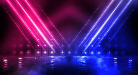 Background of empty stage show. Neon blue and purple light and laser show. Laser futuristic shapes on a dark background. Abstract dark background with neon glow