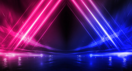 Background of empty stage show. Neon blue and purple light and laser show. Laser futuristic shapes on a dark background. Abstract dark background with neon glow