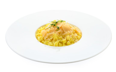 Delicious risotto with cheese isolated on white