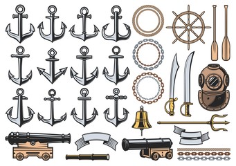 Nautical icons with vector sea ship anchors, ropes and chains, sail boat helm, bell and vintage diver helmet, old naval cannon, paddles, trident and ribbon banners. Marine heraldic symbols design - obrazy, fototapety, plakaty
