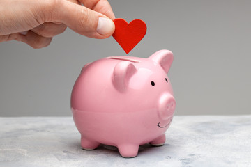 Donor. A man holds a red heart in his hand and goes to the piggy bank as a donation. Gray background