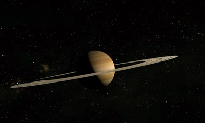 Planet Saturn with rings and satellites on the space background. 3d illustration.