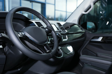 View of modern car with comfortable driver's seat inside