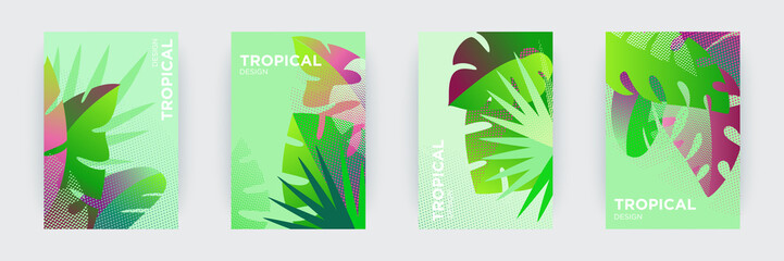 Tropical themed creative covers set.  Colorful compositions of palm leaves and halftone patterns. Geometric design templates with place for text. Flat style vector illustration