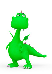 baby dragon cartoon looking suspicious in a white background
