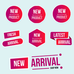 New product arrival or latest product arrival tags and labels for website and social media facebook and instagram posts. set of new arrival tags and labels. new arrivals announcement tags and labels.