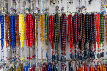 View of tesbih and beads hanging in a street shop, Istanbul, Turkey